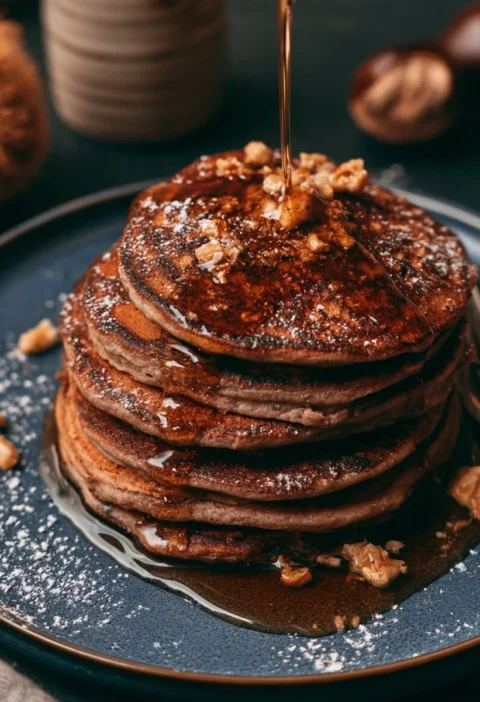 Pancake alle castagne serviti con sciroppo d'acero e frutta fresca