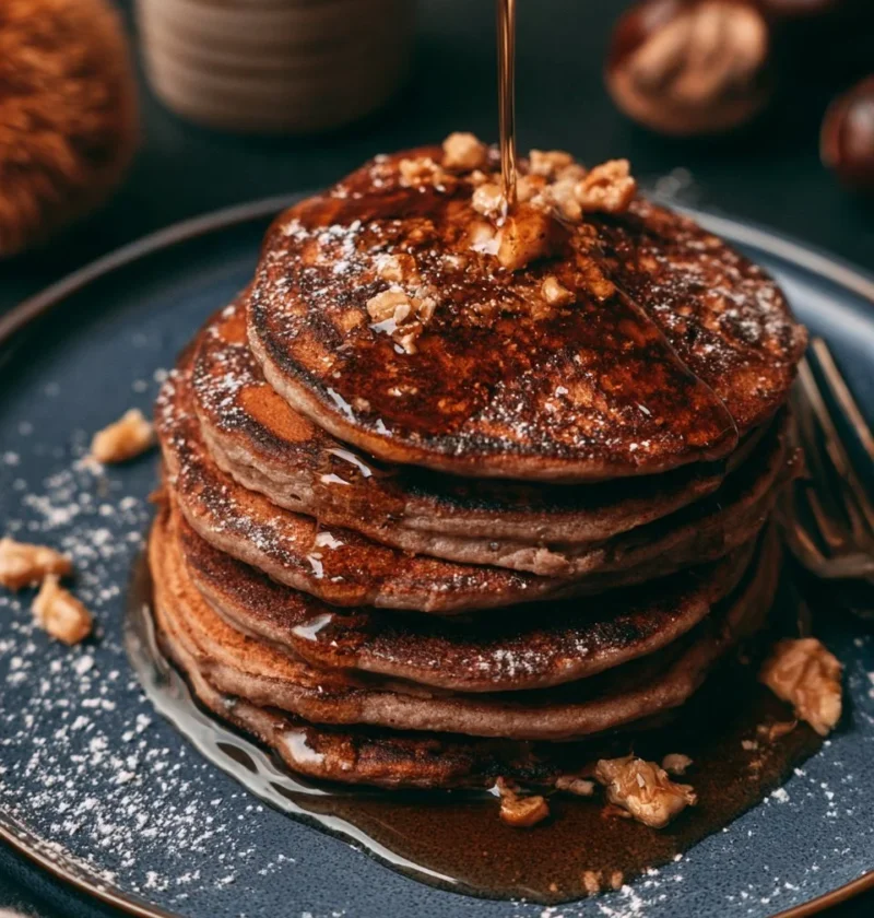 Pancake alle castagne serviti con sciroppo d'acero e frutta fresca