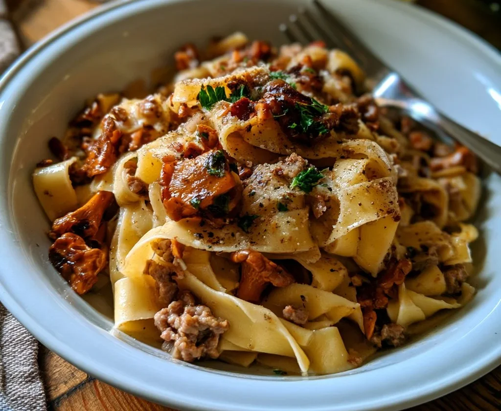 Pappardelle ai finferli e salsiccia servite con rucola