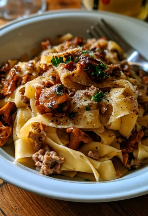 Pappardelle ai finferli e salsiccia servite con rucola
