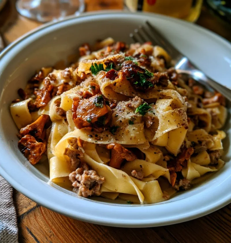Pappardelle ai finferli e salsiccia servite con rucola