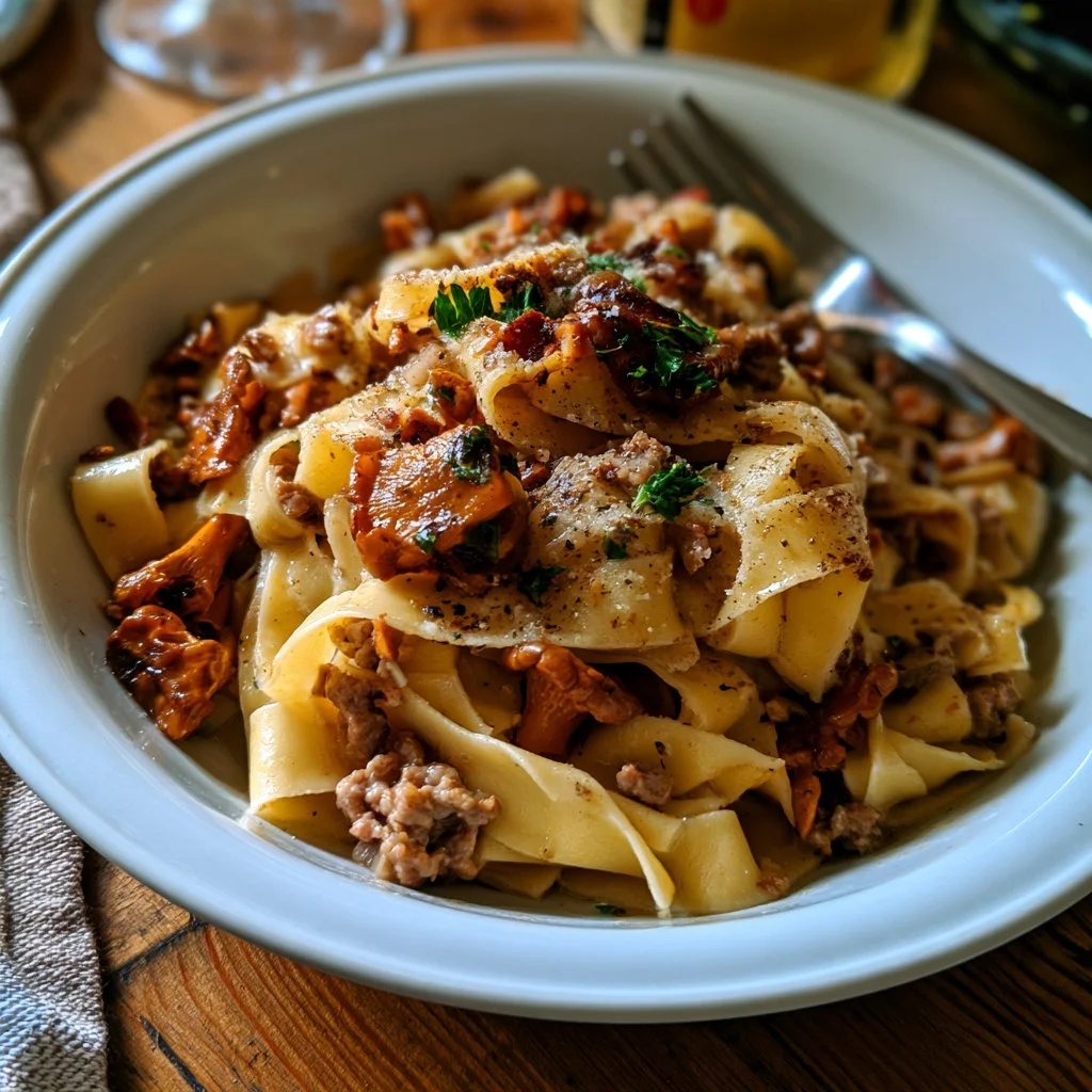 Pappardelle ai finferli e salsiccia servite con rucola