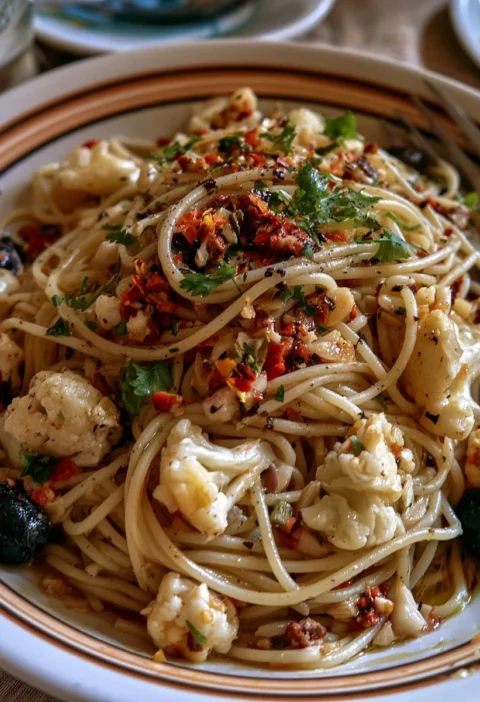 Pasta al cavolfiore con olive e peperoncino servita in un piatto.