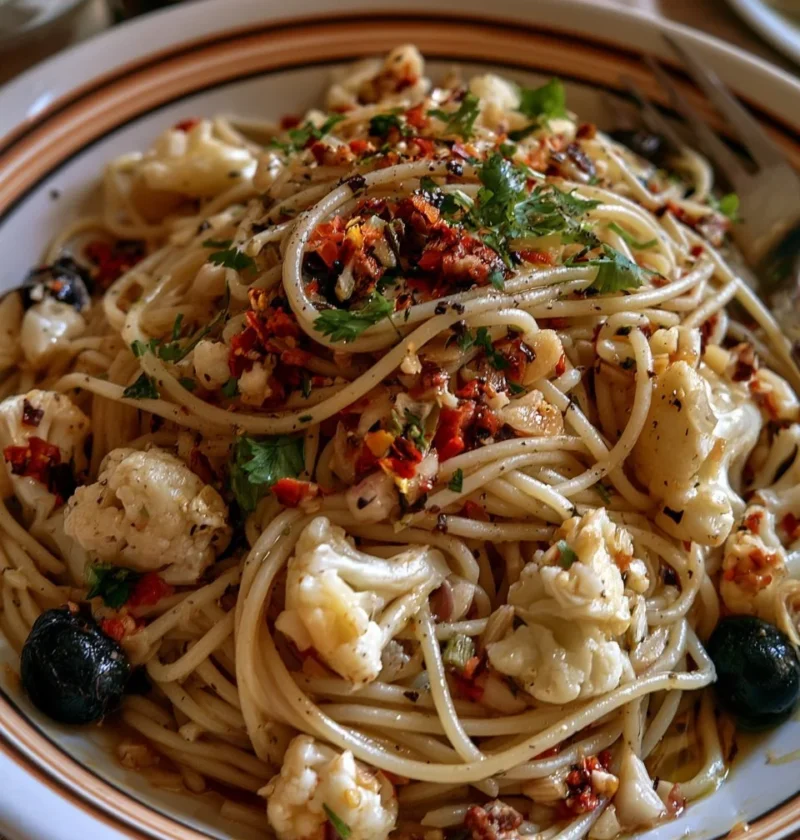 Pasta al cavolfiore con olive e peperoncino servita in un piatto.
