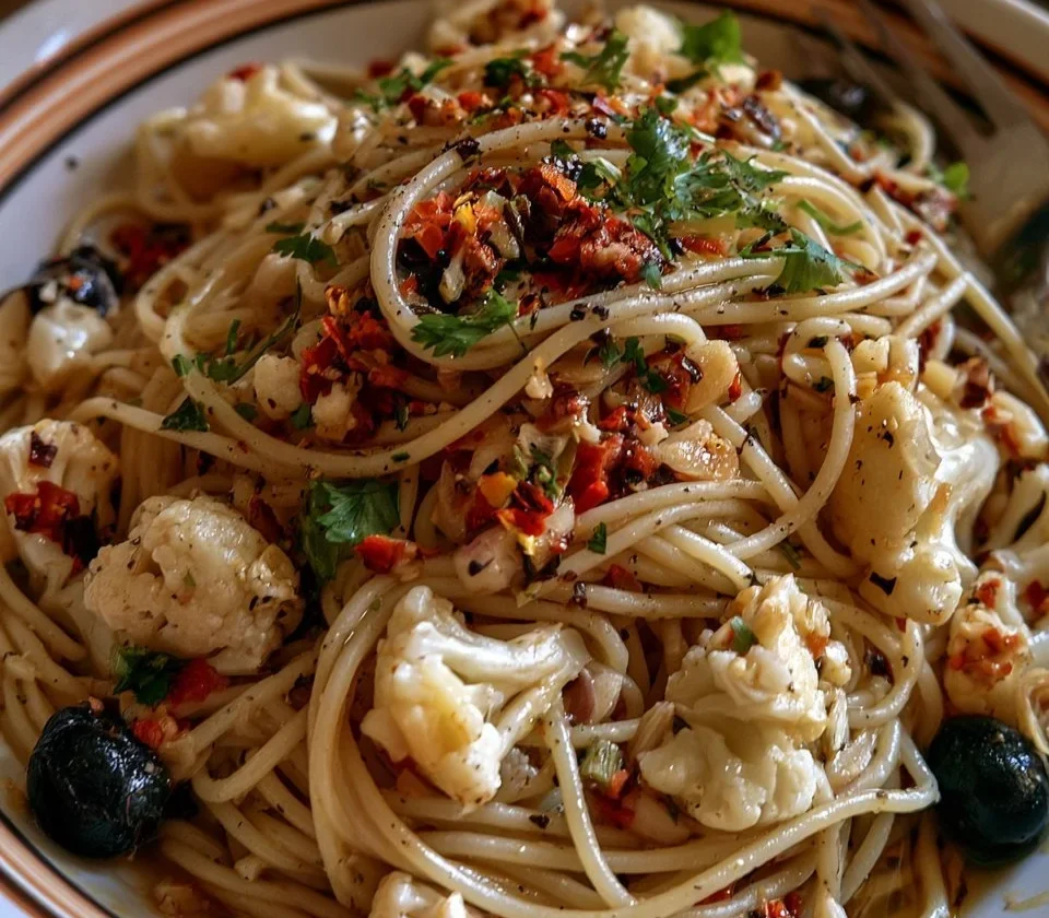 Pasta al cavolfiore con olive e peperoncino servita in un piatto.