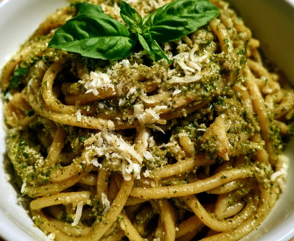 Pasta al pesto genovese servita con basilico fresco e pinoli