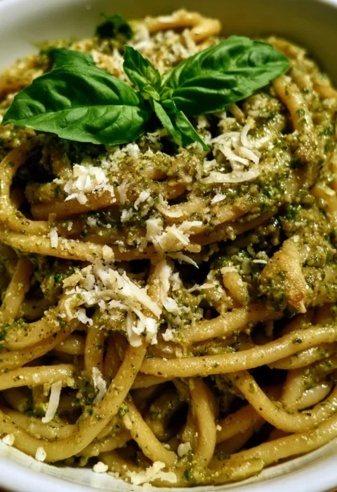 Pasta al pesto genovese servita con basilico fresco e pinoli