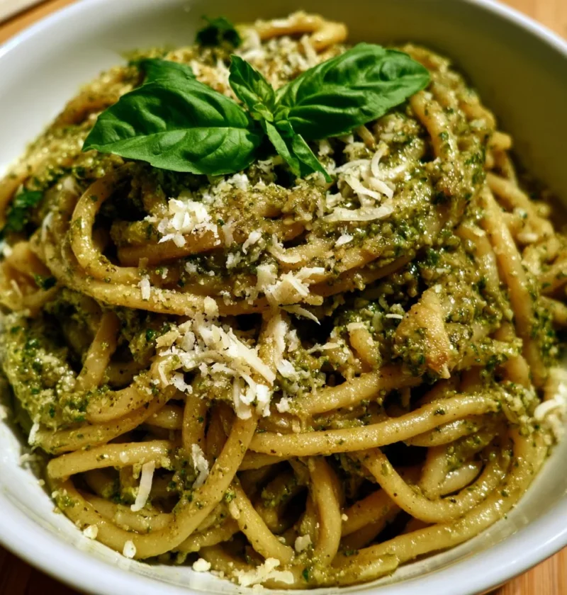 Pasta al pesto genovese servita con basilico fresco e pinoli