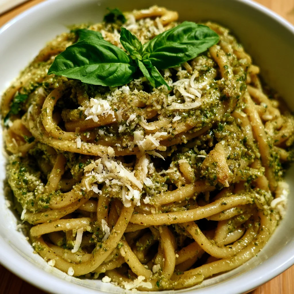 Pasta al pesto genovese servita con basilico fresco e pinoli