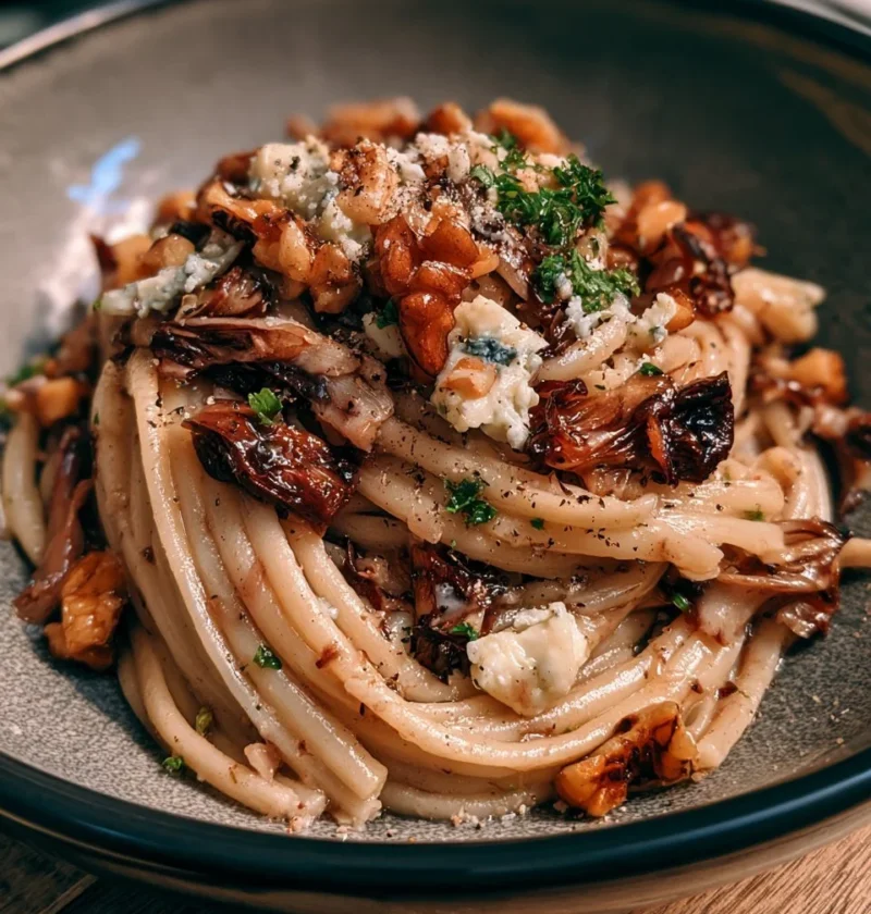 Pasta al radicchio con noci e gorgonzola servita in un piatto