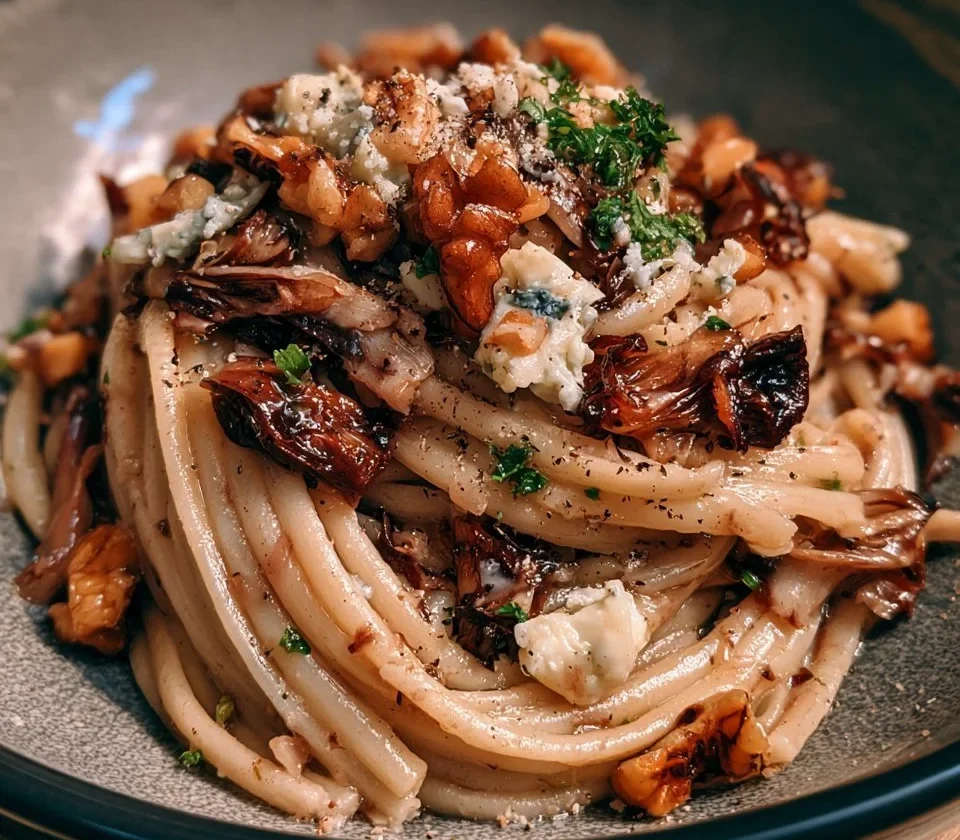 Pasta al radicchio con noci e gorgonzola servita in un piatto