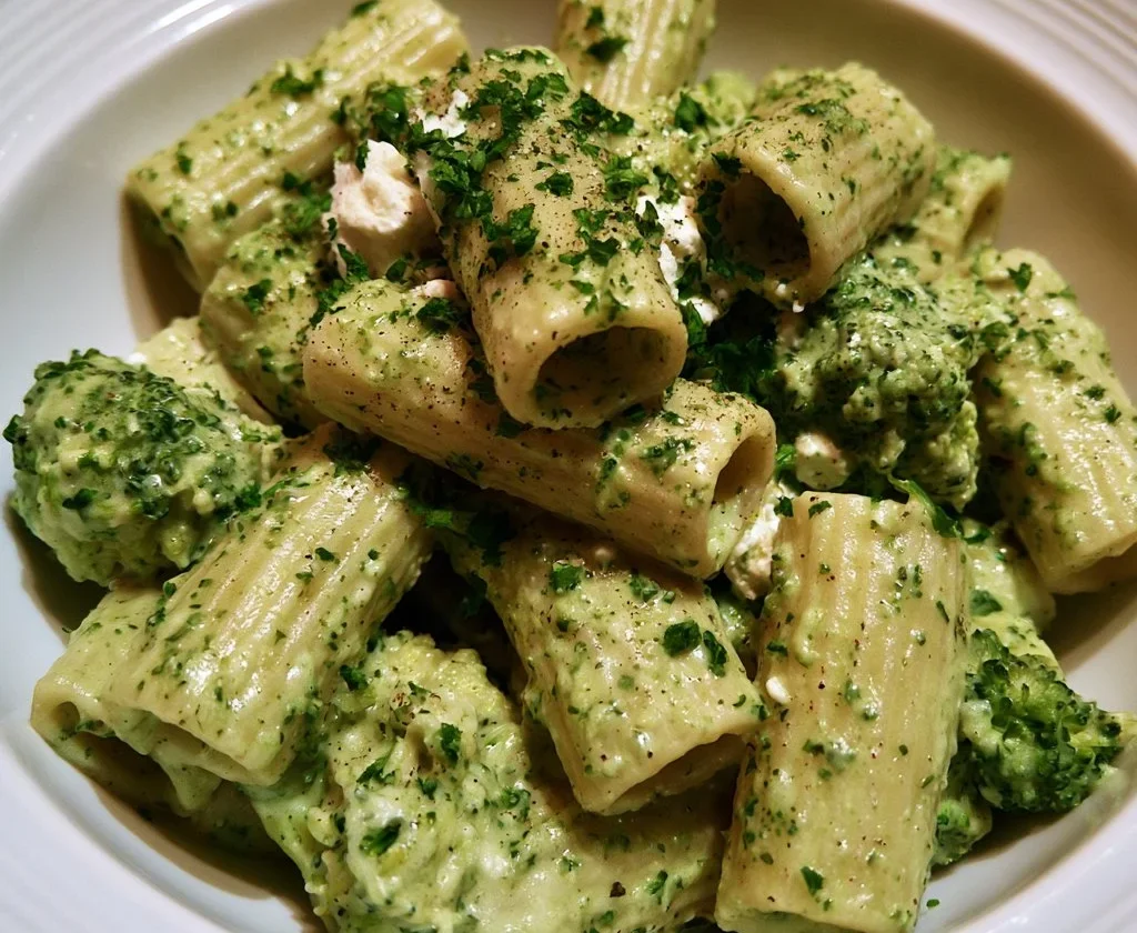 Pasta alla crema di broccoli e ricotta in un piatto elegante
