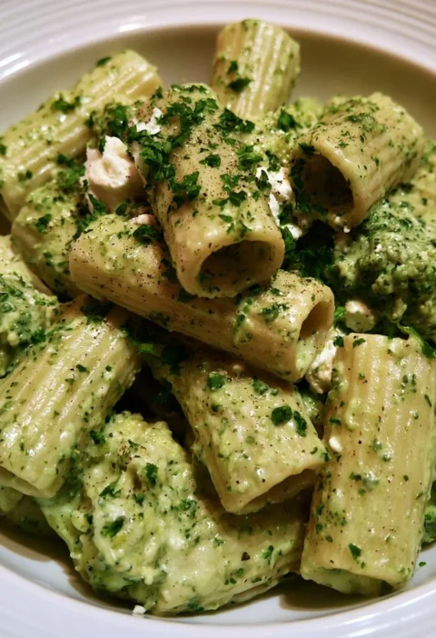 Pasta alla crema di broccoli e ricotta in un piatto elegante