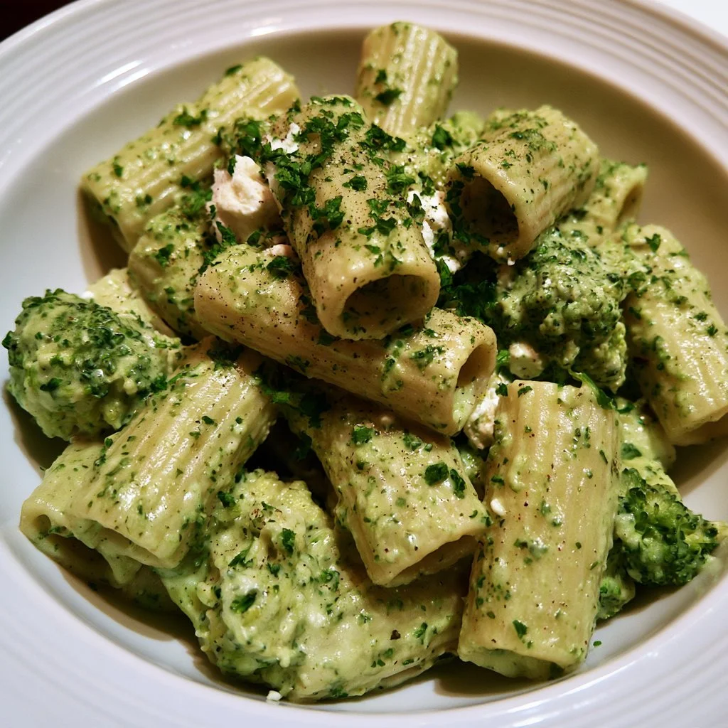 Pasta alla crema di broccoli e ricotta in un piatto elegante