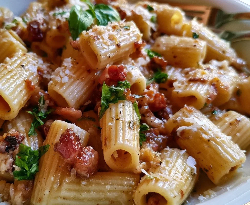Pasta alla gricia preparata con guanciale e pecorino romano