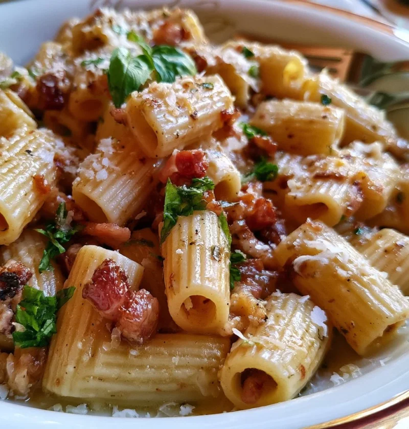 Pasta alla gricia preparata con guanciale e pecorino romano