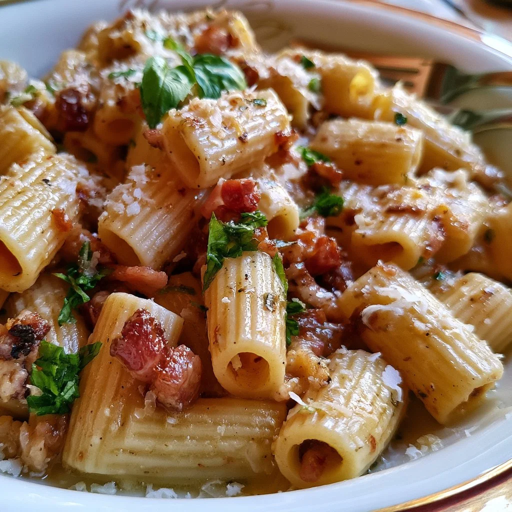 Pasta alla gricia preparata con guanciale e pecorino romano