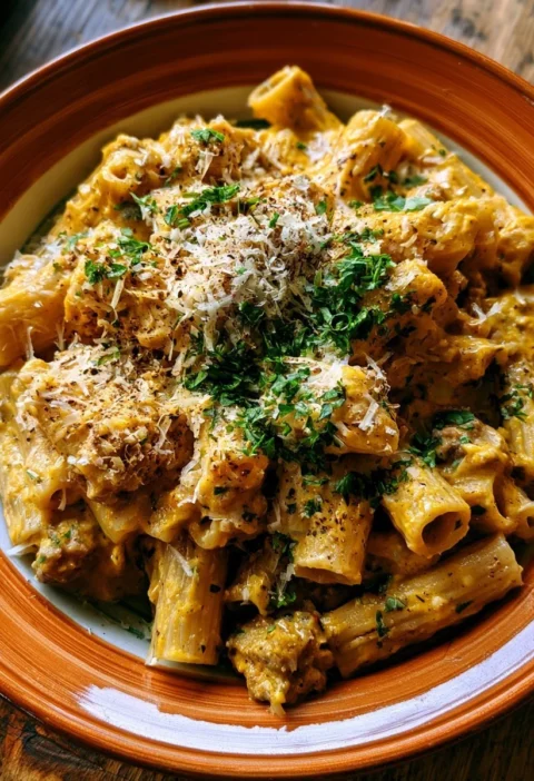 Pasta cremosa con zucca e salsiccia, un piatto autunnale gustoso.