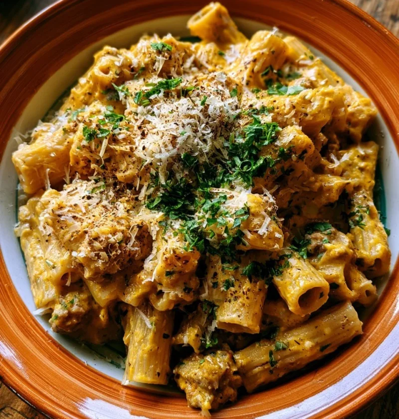 Pasta cremosa con zucca e salsiccia, un piatto autunnale gustoso.