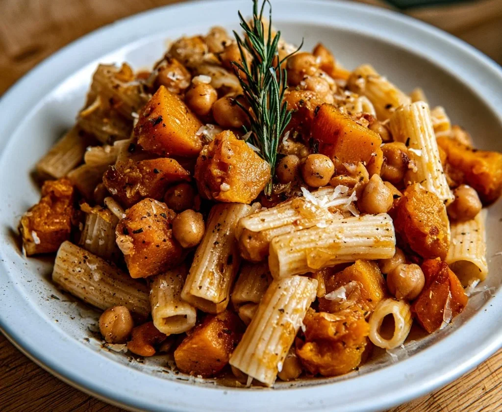 Pasta e ceci con rosmarino e zucca, piatto tipico italiano gustoso e salutare