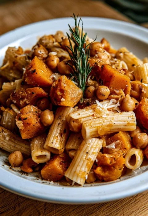 Pasta e ceci con rosmarino e zucca, piatto tipico italiano gustoso e salutare