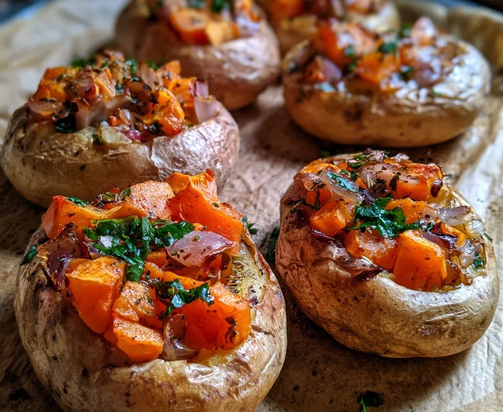 Patate al forno con zucca e cipolla rossa, un contorno colorato e saporito.
