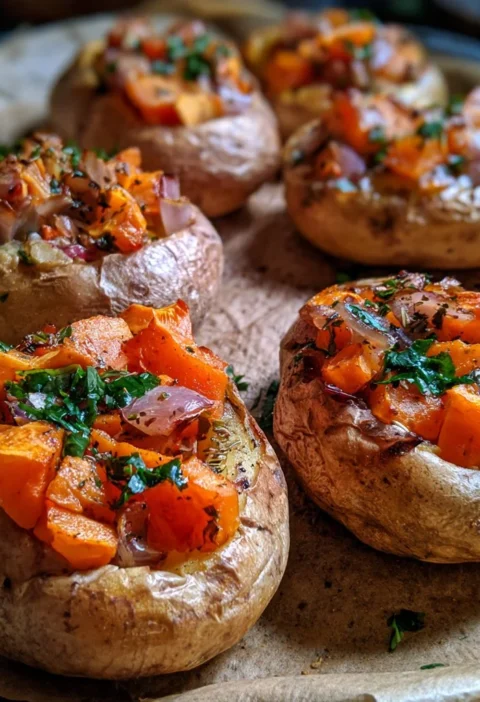 Patate al forno con zucca e cipolla rossa, un contorno colorato e saporito.