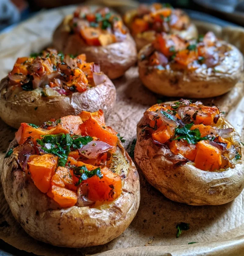 Patate al forno con zucca e cipolla rossa, un contorno colorato e saporito.