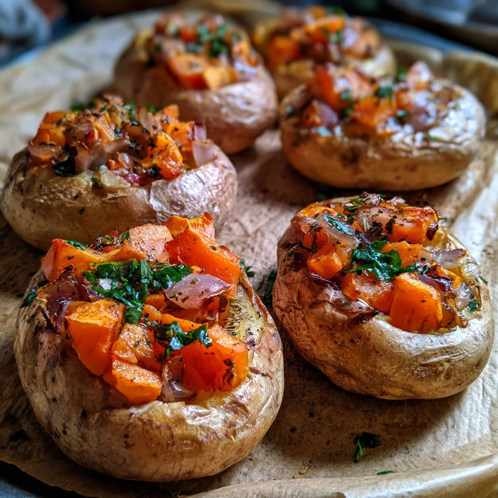 Patate al forno con zucca e cipolla rossa, un contorno colorato e saporito.