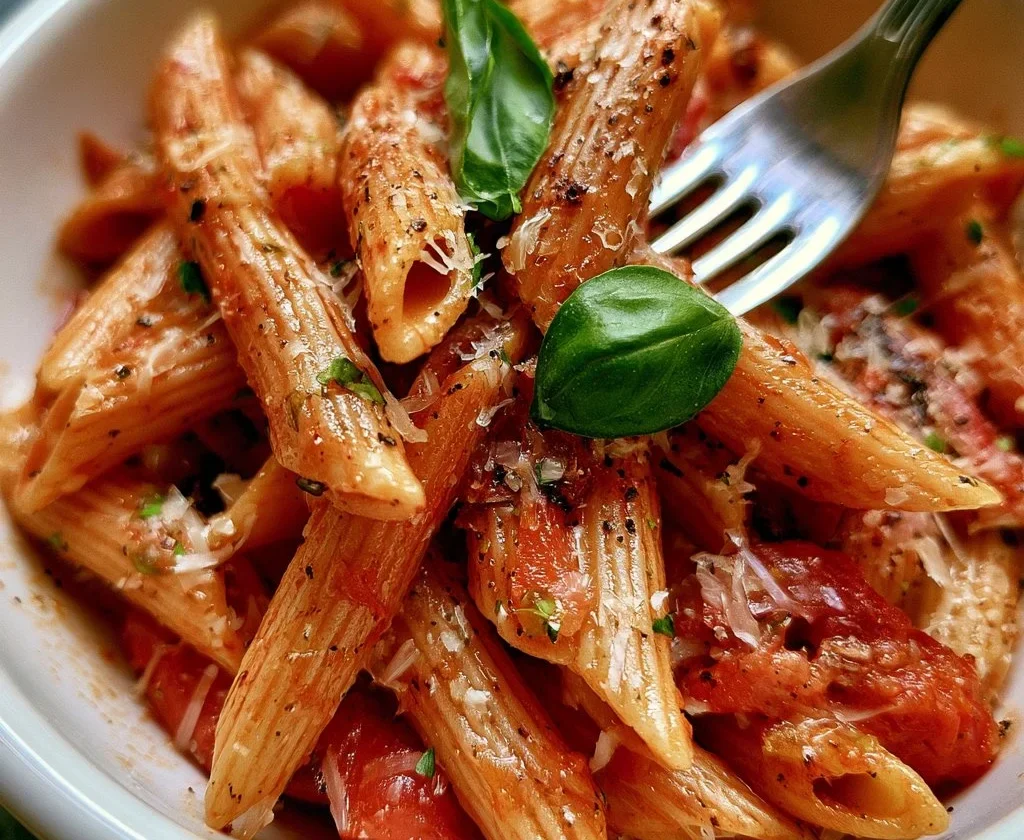 Penne con peperoni arrostiti e acciughe in un piatto colorato e invitante.