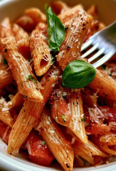 Penne con peperoni arrostiti e acciughe in un piatto colorato e invitante.