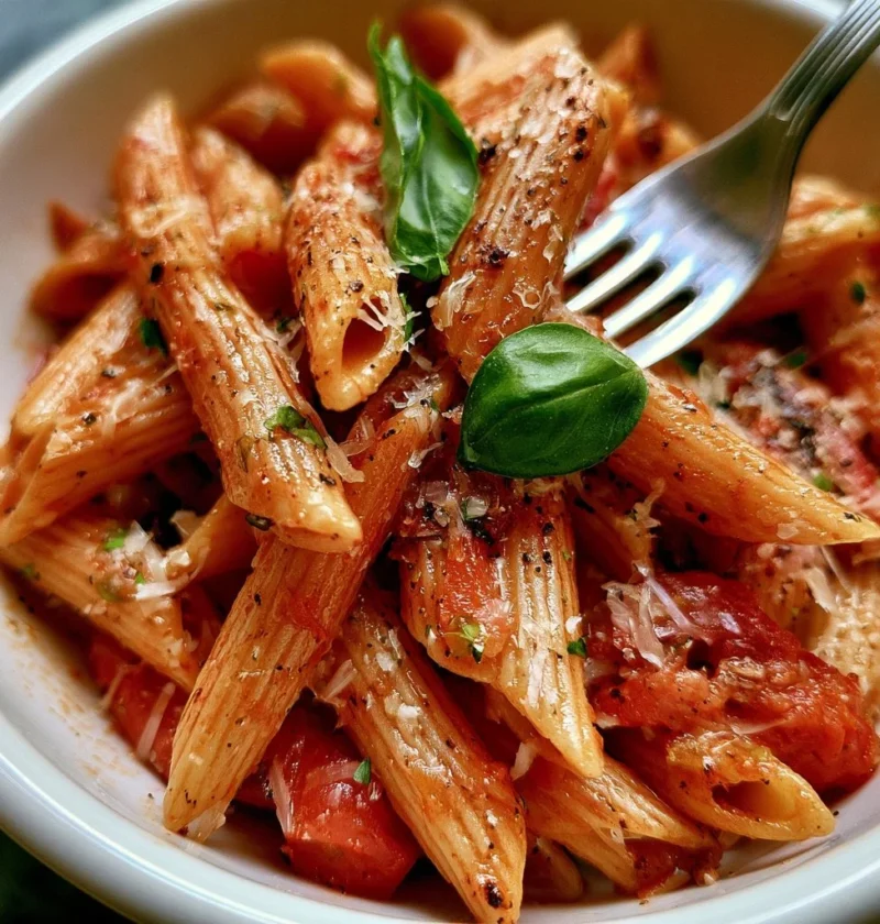 Penne con peperoni arrostiti e acciughe in un piatto colorato e invitante.