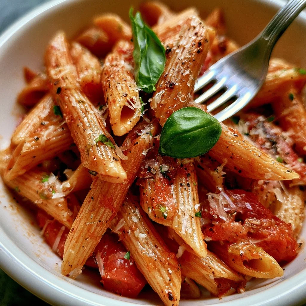 Penne con peperoni arrostiti e acciughe in un piatto colorato e invitante.