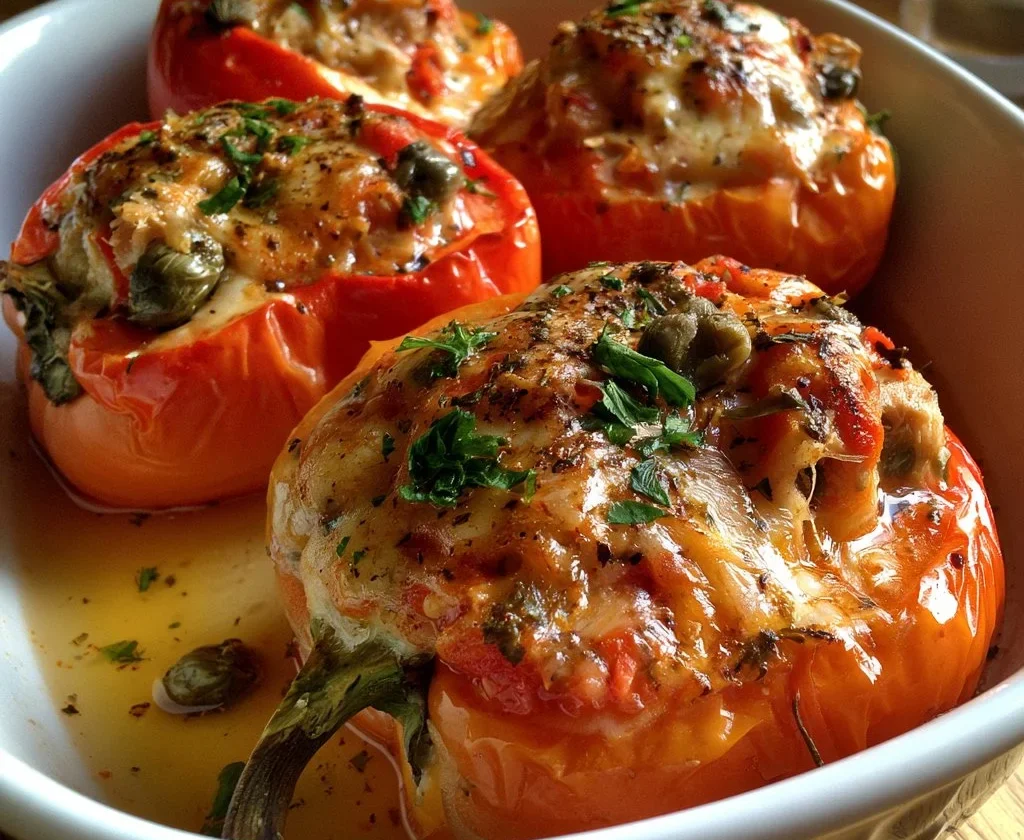 Peperoni al forno ripieni di tonno e capperi pronti da servire