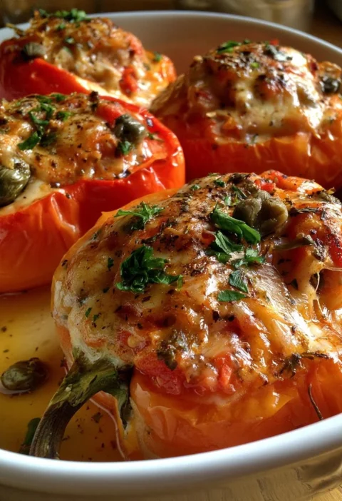 Peperoni al forno ripieni di tonno e capperi pronti da servire