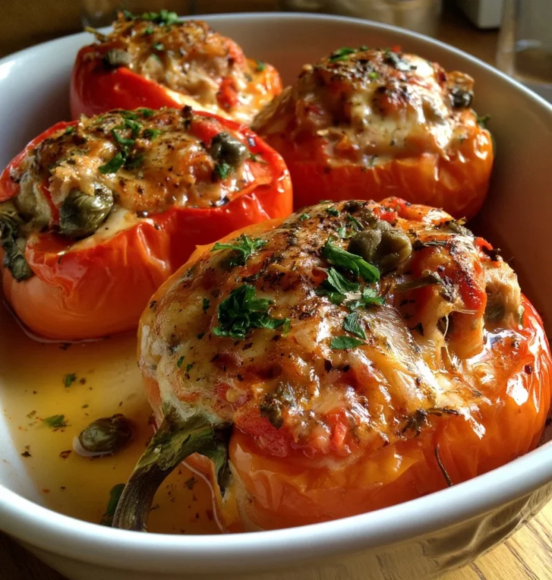 Peperoni al forno ripieni di tonno e capperi pronti da servire