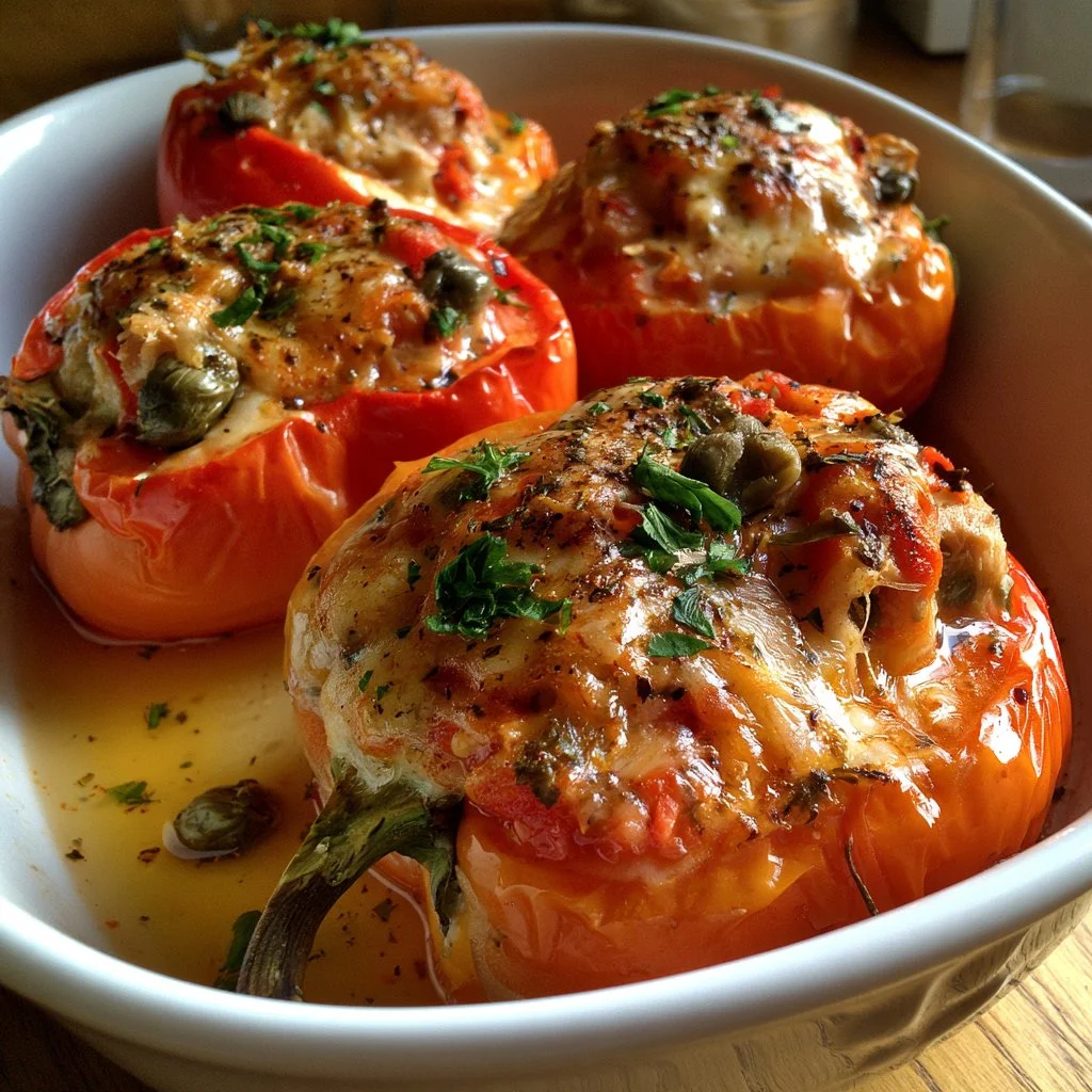 Peperoni al forno ripieni di tonno e capperi pronti da servire