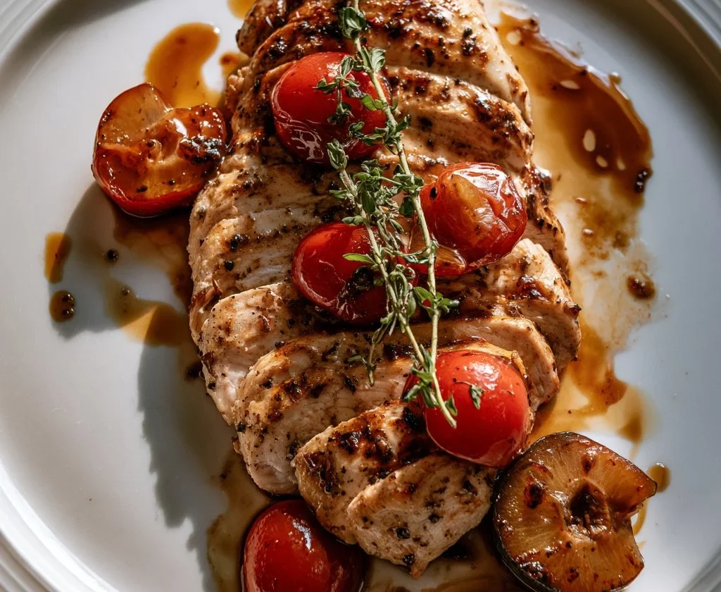 Petto di pollo con prugne e aceto balsamico in un piatto gourmet