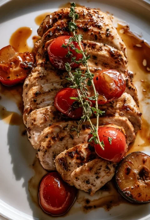 Petto di pollo con prugne e aceto balsamico in un piatto gourmet