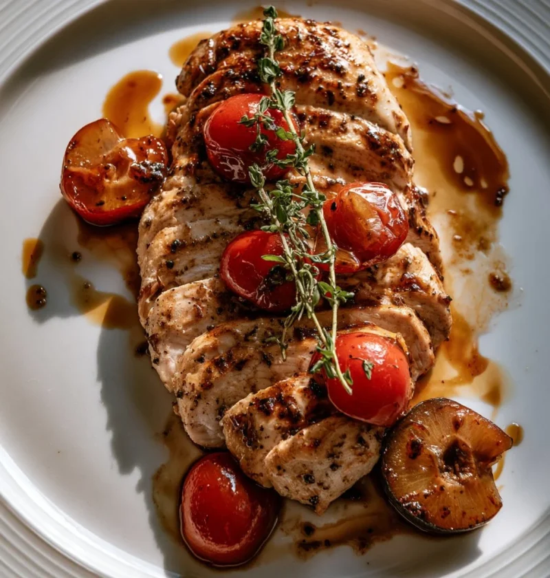 Petto di pollo con prugne e aceto balsamico in un piatto gourmet