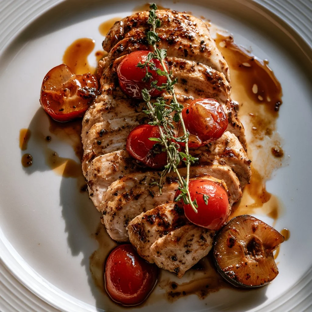 Petto di pollo con prugne e aceto balsamico in un piatto gourmet