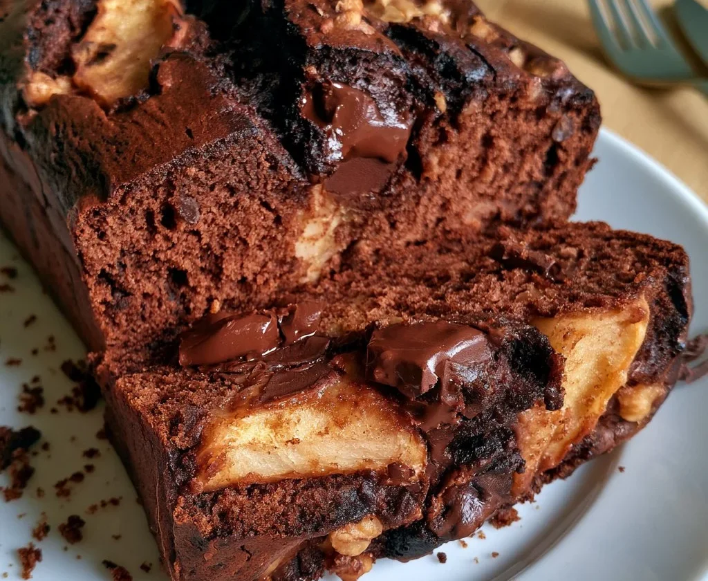 Plumcake pere e cioccolato appena sfornato su un piatto.