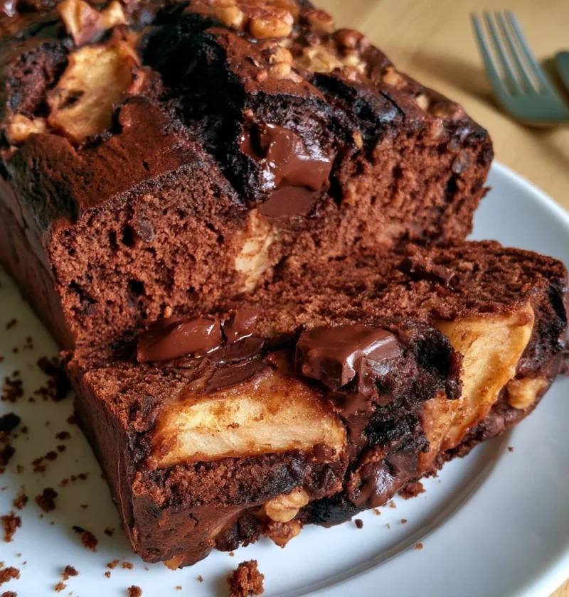 Plumcake pere e cioccolato appena sfornato su un piatto.