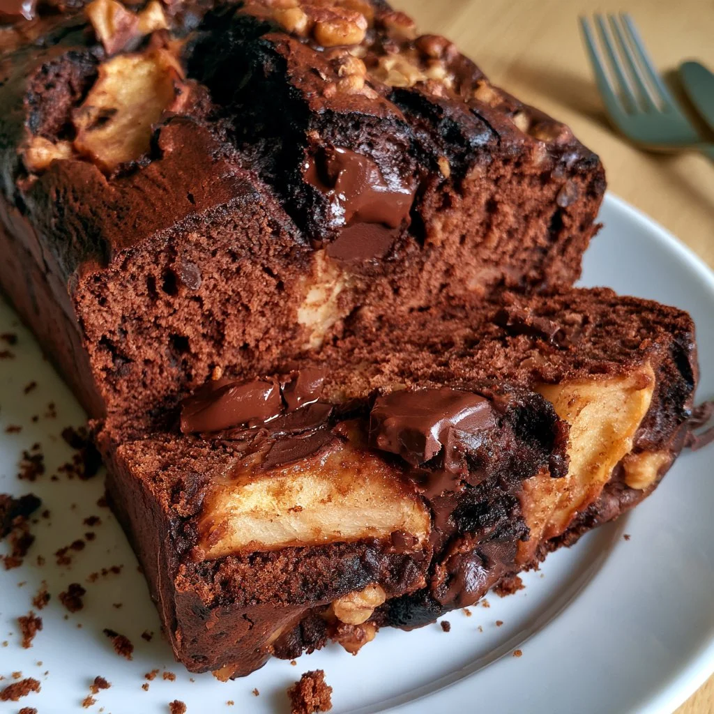 Plumcake pere e cioccolato appena sfornato su un piatto.