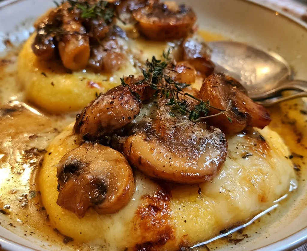 Polenta al forno con funghi e formaggio fontina, un piatto ricco e saporito.