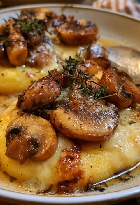 Polenta al forno con funghi e formaggio fontina, un piatto ricco e saporito.