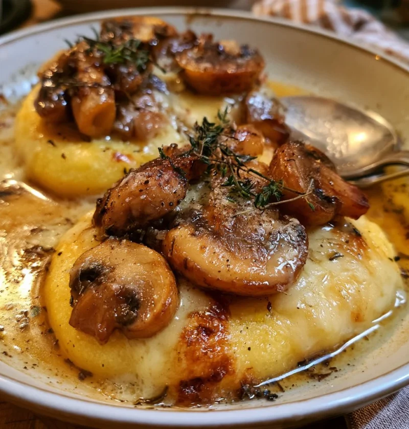 Polenta al forno con funghi e formaggio fontina, un piatto ricco e saporito.