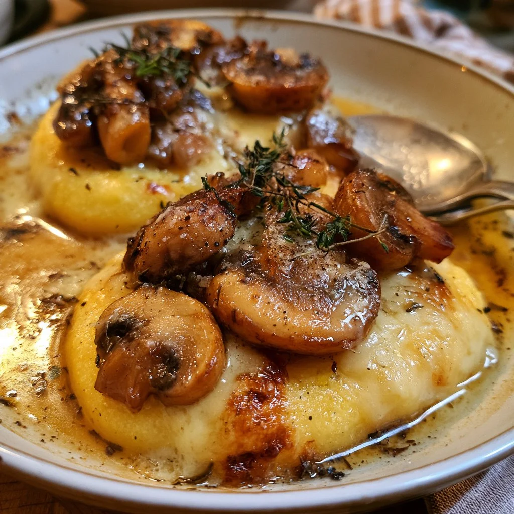 Polenta al forno con funghi e formaggio fontina, un piatto ricco e saporito.