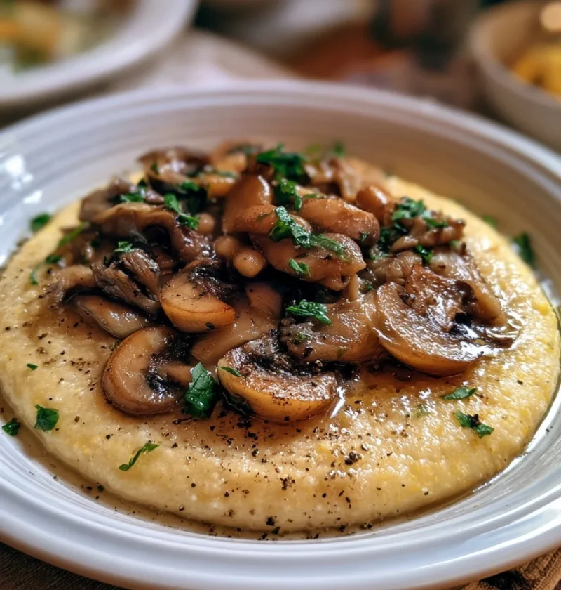 Piatto di polenta con funghi trifolati e formaggio taleggio