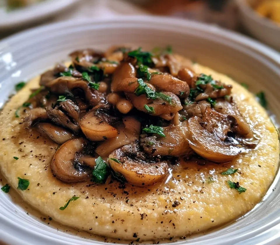 Piatto di polenta con funghi trifolati e formaggio taleggio